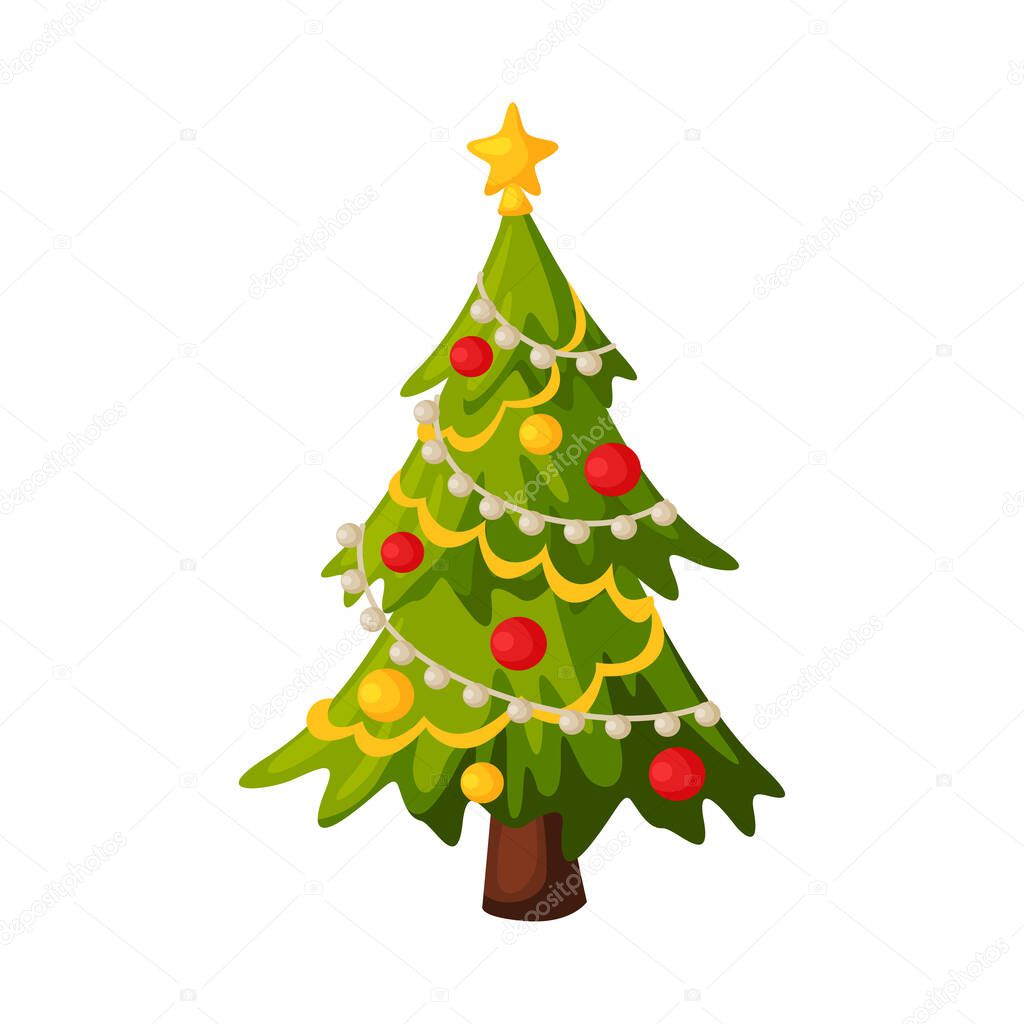 Christmas Fir Tree with Decorations, Traditional New Year Holiday Symbol Vector Illustration