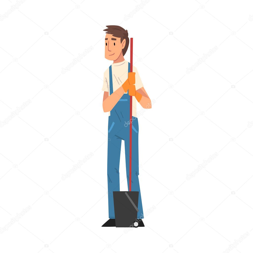 Professional Cleaning Man with Mop and Bucket, Male Worker Character Dressed in Blue Overalls and Rubber Gloves, Cleaning Company Staff Vector Illustration