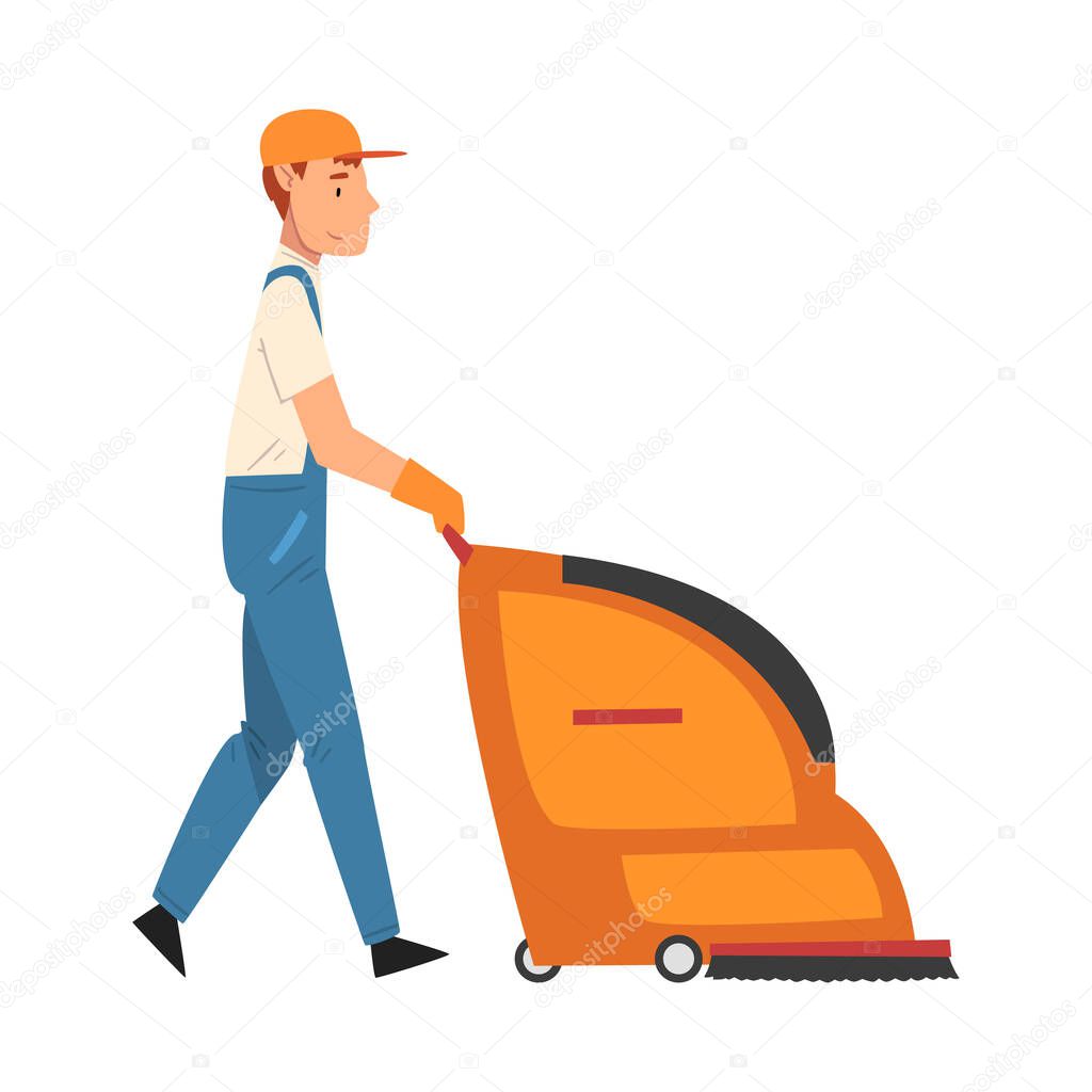 Man Pushing Floor Cleaning Machine, Professional Male Worker Character Dressed in Blue Overalls and Rubber Gloves, Cleaning Company Staff Vector Illustration