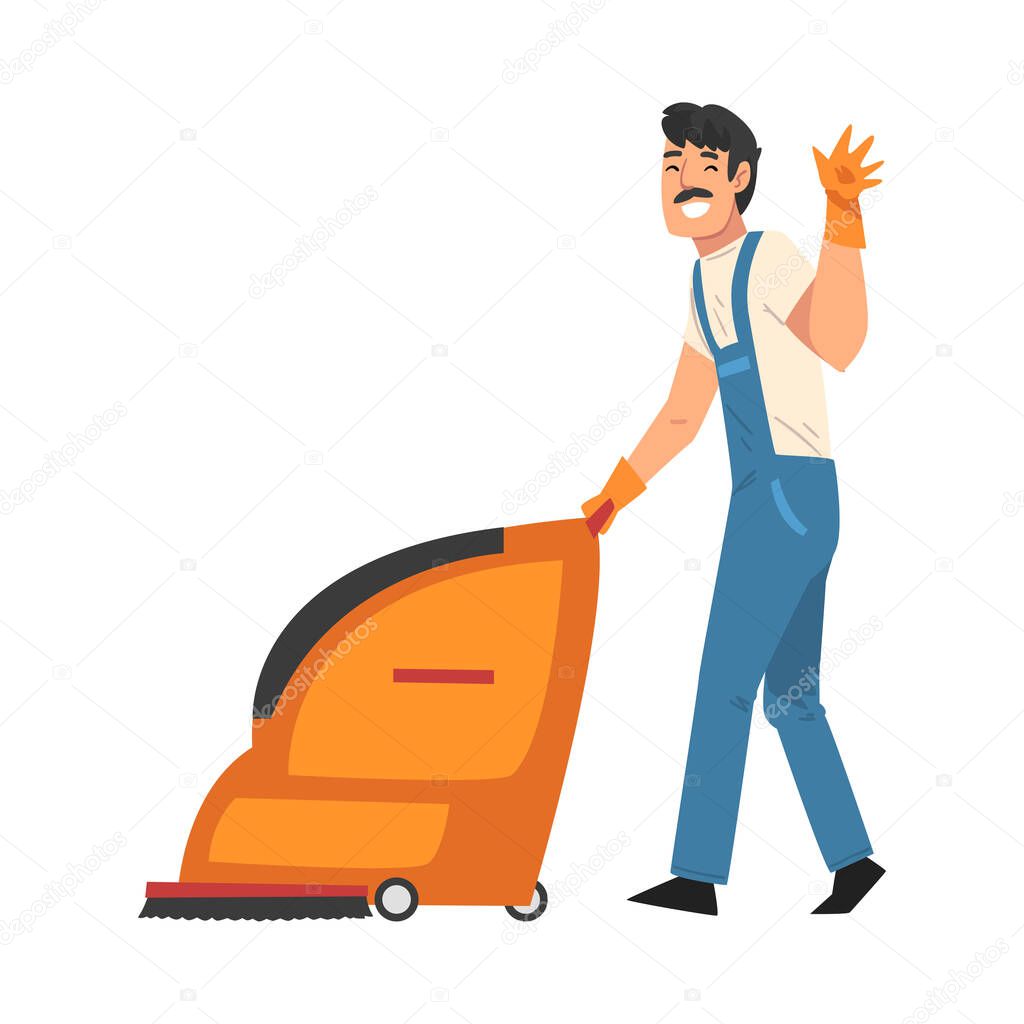 Man Cleaning and Polishing the Floor with Washing Machine, Professional Male Worker Character Dressed in Blue Overalls and Rubber Gloves, Cleaning Company Staff Vector Illustration