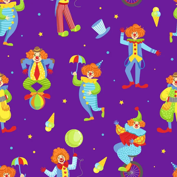 Naadloos patroon met grappige Circus Clowns, Circus Performance Design Element Kan worden gebruikt voor stof, Behang, Verpakking, Web Page Vector Illustratie — Stockvector