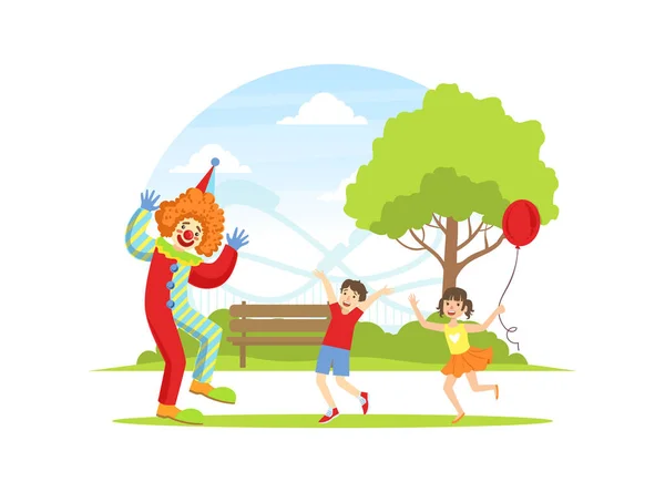 Funny Circus Clown and Happy Kids, Children Having Fun at Holiday Party Vector Illustration — Stock Vector