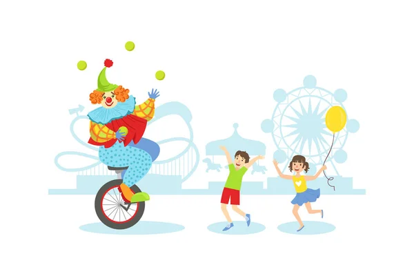 Lustige Zirkusclowns jonglieren Bälle auf dem Einrad, fröhliche Kinder haben Spaß bei der Ferienparty Vector Illustration — Stockvektor