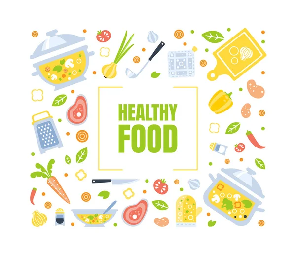Modelo de banner de comida saudável com utensílios de cozinha e produtos frescos saudáveis padrão Vector Ilustração —  Vetores de Stock