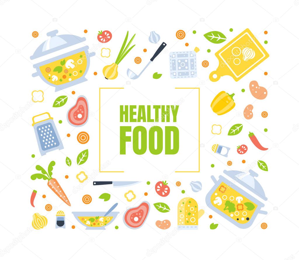 Healthy Food Banner Template with Kitchenware and Healthy Fresh Products Pattern Vector Illustration