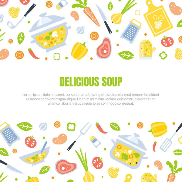 Läckra soppa Banner mall med köksutrustning och hälsosamma färska produkter för matlagning mönster vektor illustration — Stock vektor