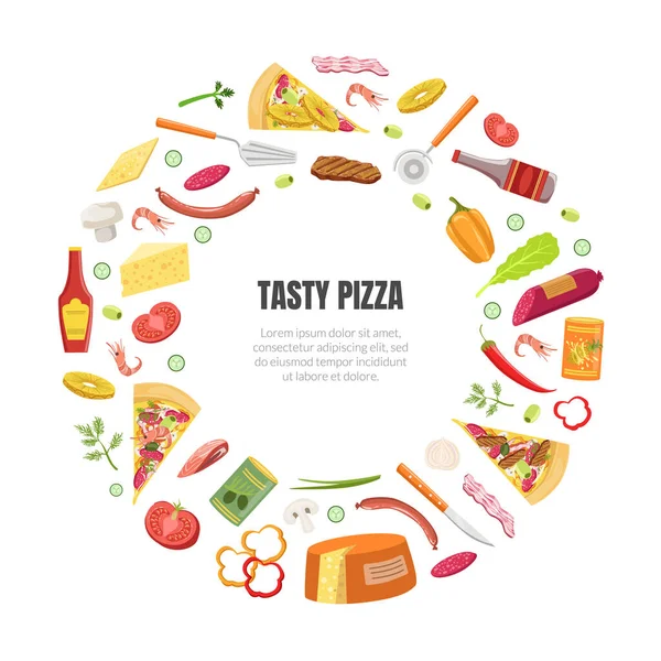 Tasty Pizza Banner Template with Cooking Ingredients of Circular Shape Frame and Space for Text Vector Illustration — Stock Vector