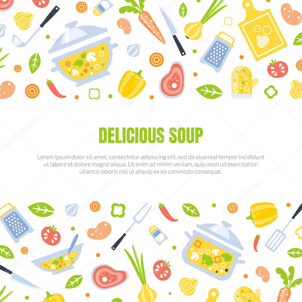 Delicious Soup Banner Template with Kitchenware and Healthy Fresh Products for Cooking Pattern Vector Illustration