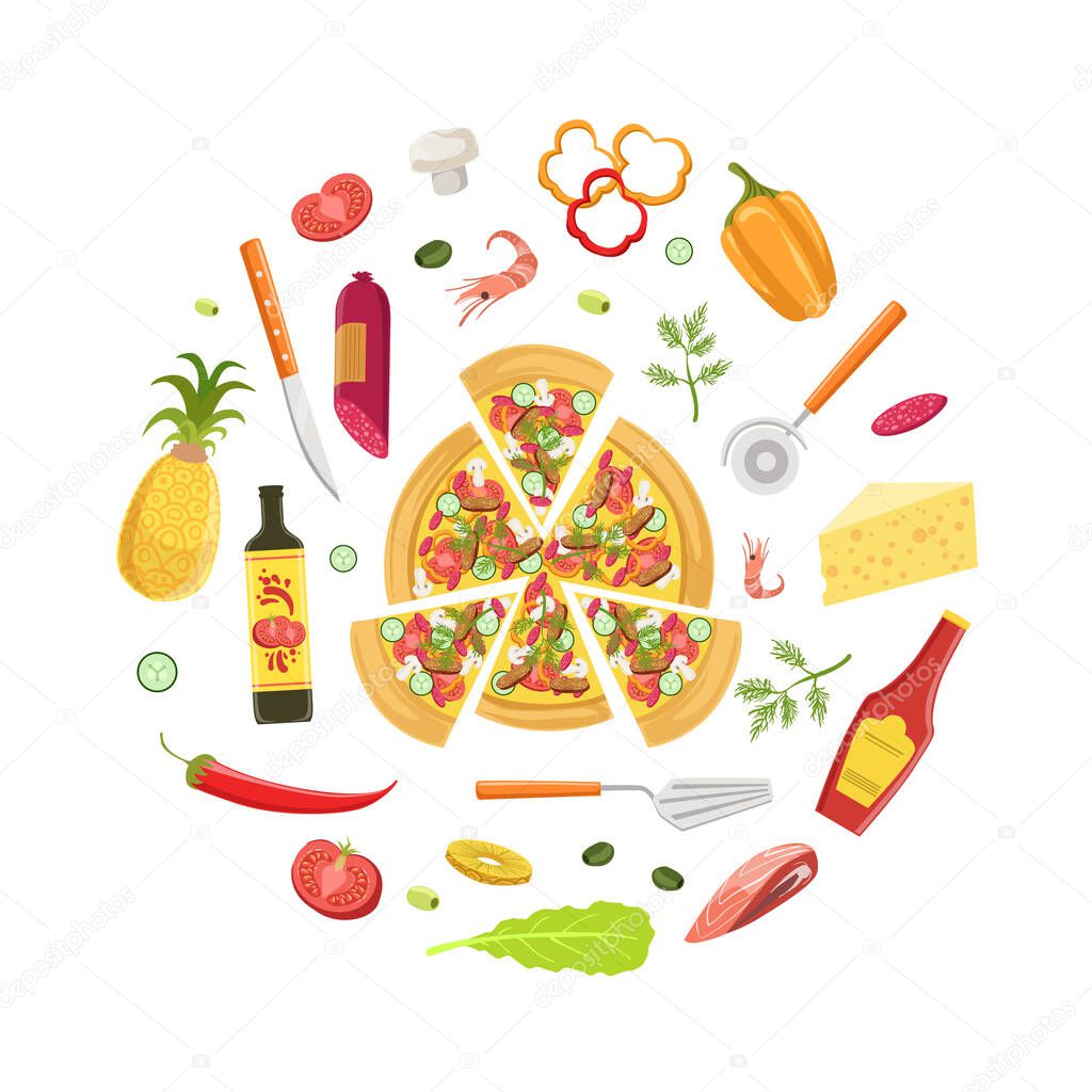 Cooking Pizza Banner Template with Ingredients and Tools for Cooking Vector Illustration