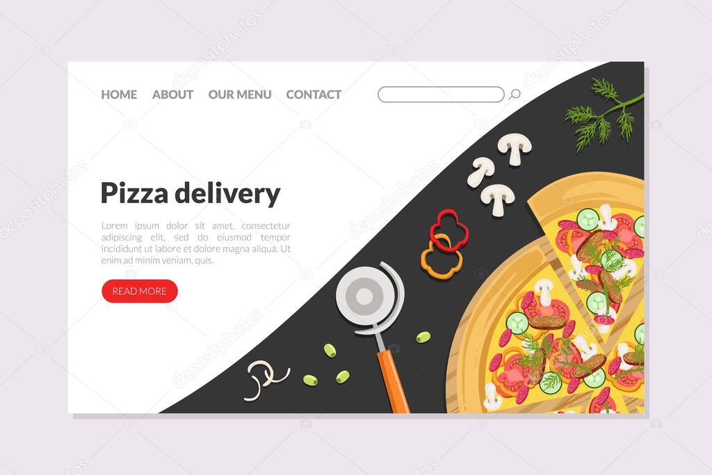 Pizza Delivery Landing Page Templatet, Fresh Tasty Food Express Delivery Service Vector Illustration