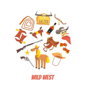 Vahşi Batı Yuvarlak Şekil Sembolleri, Batı Elementleri Vektör İllüstrasyonu