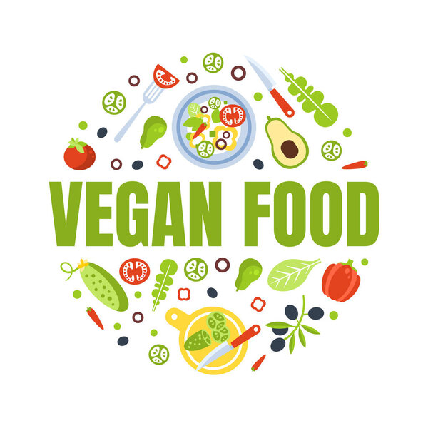 Шаблон веганского пищевого баннера с экологически чистыми свежими продуктами для приготовления блюд круглой формы
