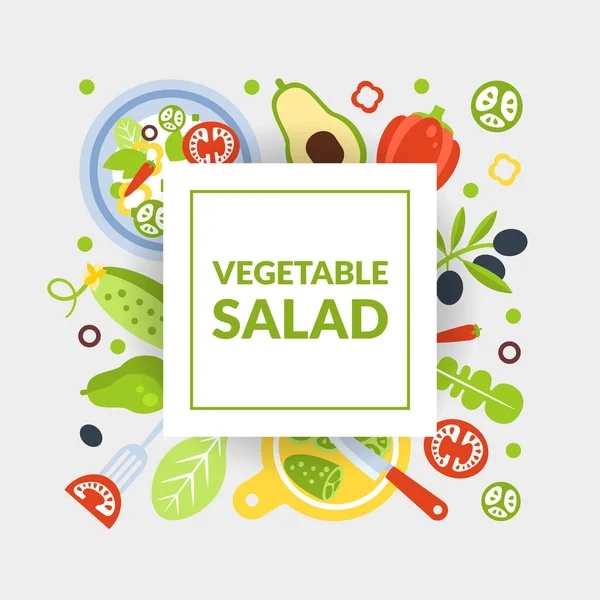 Modello di banner per insalata vegetariana con verdure fresche biologiche sane e spazio per illustrazione vettoriale del testo — Vettoriale Stock