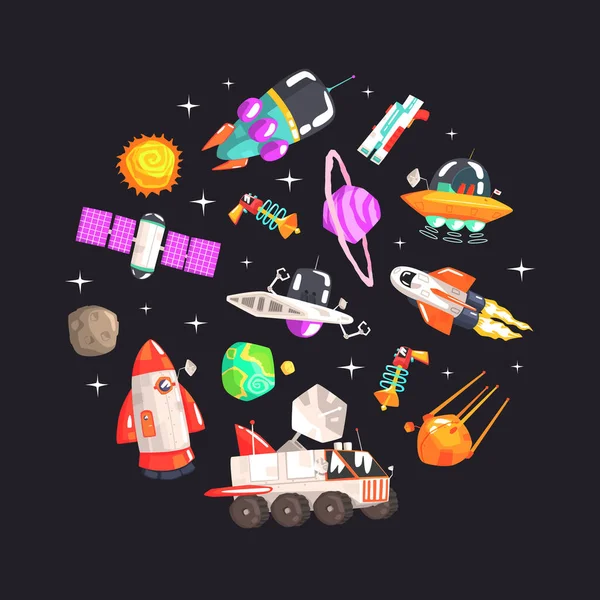 Space Symbols of Round Shape Banner Template, Cosmos Signs Pattern, Spaceship, Satellite, Planets, Ufo Spaceship, Astronaut Vector illustration — 스톡 벡터