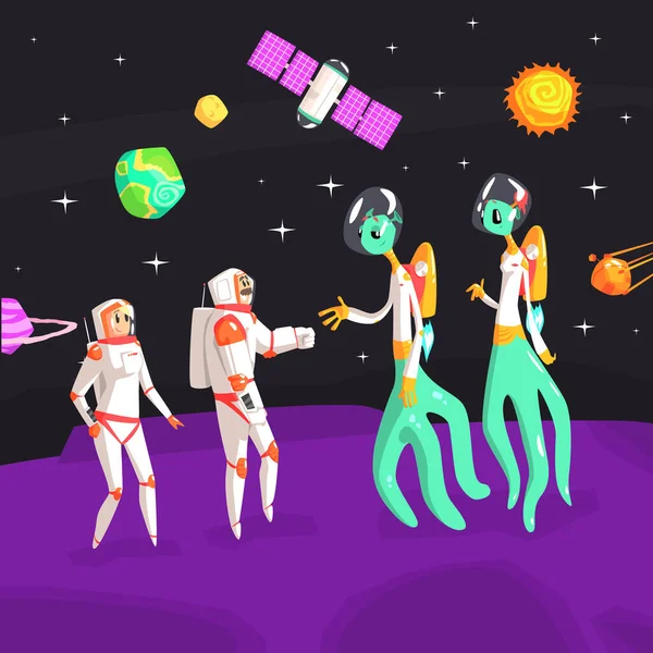 Space Banner mall, astronauter och utlänningar handskakning på okänd planet i yttre rymden vektor illustration — Stock vektor