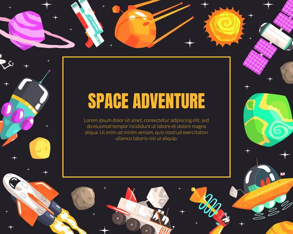 Space Adventure Banner Sjabloon met Cosmos Symbolen, Ruimteschip, Satelliet, Planeten, Ufo ruimteschip Vector illustratie — Stockvector