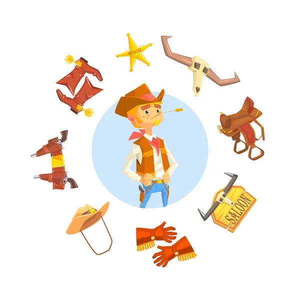 Cheerful Cowboy Sheriff Character, Wild West Attributes and Clothes Vector illustration — Stock Vector