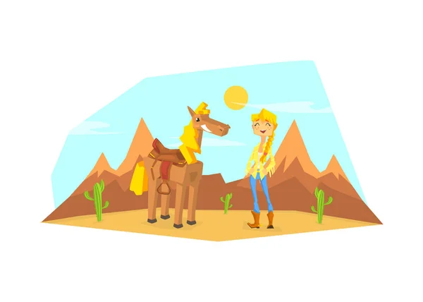 Western Girl Character with Horse in Desert Landscape Vector illustration — Stock Vector