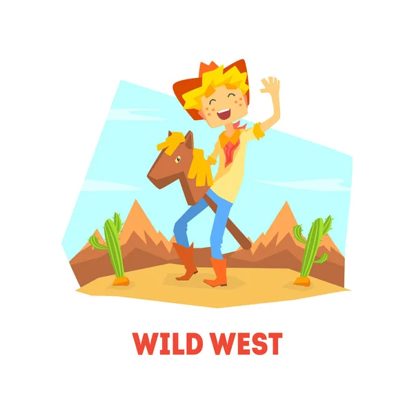 Wild West, Funny Cowboy Character Riding Stick Horse in Desert Landscape Vector illustration — Stock Vector
