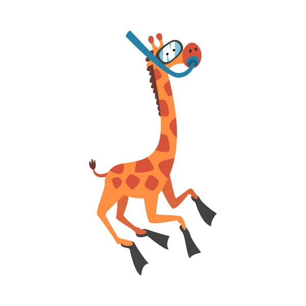 Cute Giraffe in a Diving Mask and Flippers, Funny Crazy African Animal Cartoon Character Vector Illustration — стоковий вектор