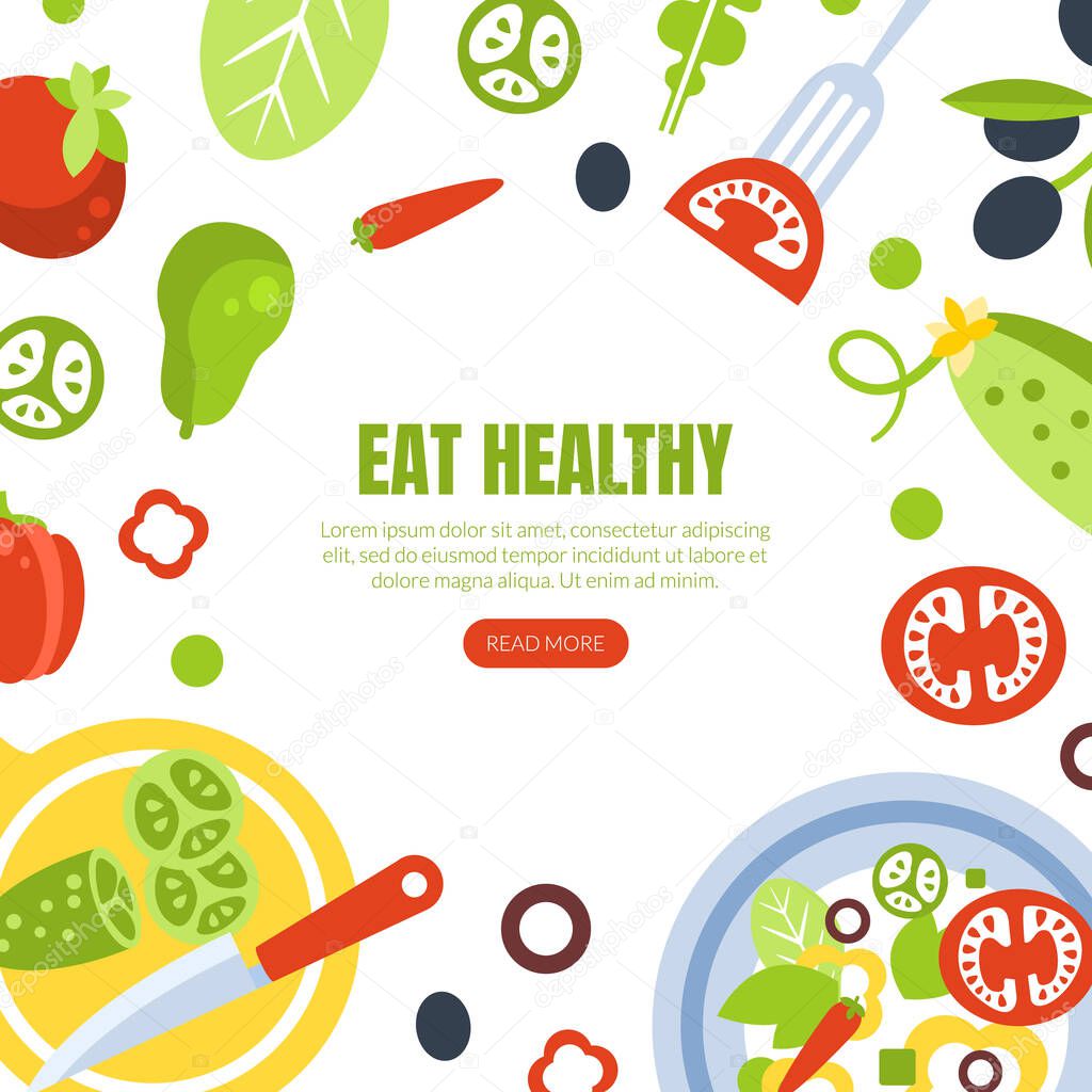 Eat Healthy Landing Page Template with Organic Fresh Healthy Products, Online Healthy Cooking Web Page, App, Website Vector Illustration