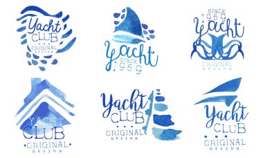 Yat Kulübü Logo Koleksiyonu, Yelkenli Sporu Sulu Boyalı El Rozetleri Orijinal Tasarım Vektör İllüstrasyonu
