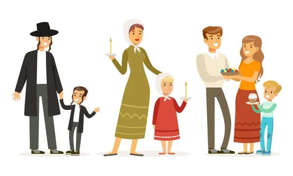 Familien verschiedener Religionen, Eltern und Kinder in traditioneller Kleidung Vektor Illustration — Stockvektor