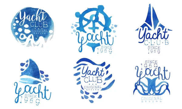 Yacht Club Logo Collection, Sport a vela Blu Acquerello Disegnato a mano Retro Badge Design originale Vector Illustrazione — Vettoriale Stock