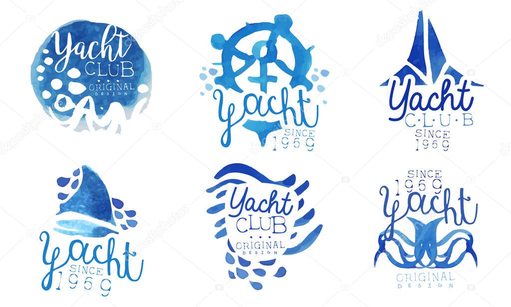 Yacht Club Logo Collection, Sailing Sports Blue Watercolor Hand Drawn Retro Badges Original Design Vector Illustration