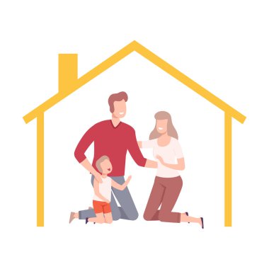 Mutlu Ebeveynler ve Oğulları Evde, Aile İçinde Vektör Resimli Ev Çerçevesi