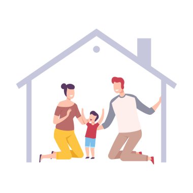 Anne, Baba ve Oğulları Evlerinde, Mutlu Aile Vector İllüzyonuyla Çerçeve
