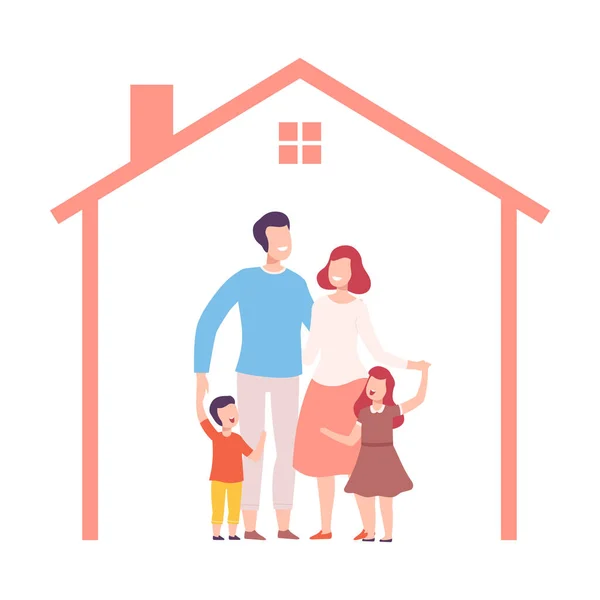 Mãe, pai e seus dois filhos em casa, quadro da casa com família feliz dentro da ilustração vetorial —  Vetores de Stock