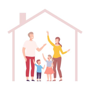 Anne, Baba, Oğul ve Kız Evde, Mutlu Aile İçinde Vektör İllüzyonuyla Çerçeve