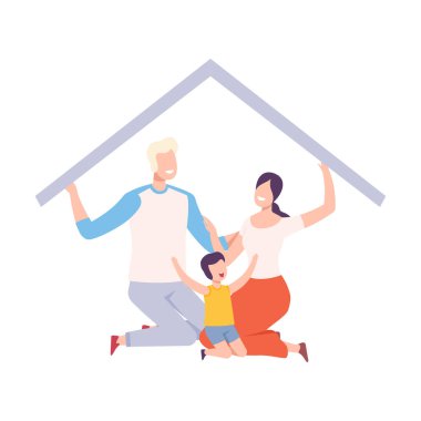 Anne, Baba ve Oğulları Evde Mutlu Bir Aile İçinde Oturuyor ve Çatı Vektörü İllüzyonunu Bekliyor