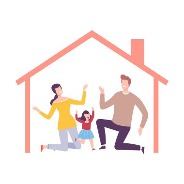 Aileler ve Kızları Evde, Mutlu Aile İçinde Vektör İllüzyonuyla Çerçeve