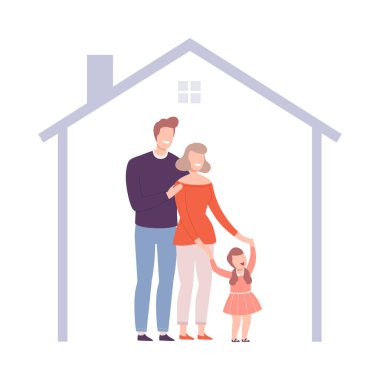 Gülümseyen Anne, Baba ve Kızları Evde, Mutlu Aile İçinde Vektör İllüzyonuyla Çerçeve