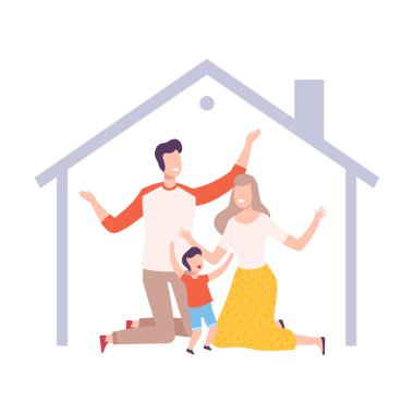 Gülümseyen Anne, Baba ve Oğulları Evlerinde, Mutlu Aile Resimleriyle Çerçeve