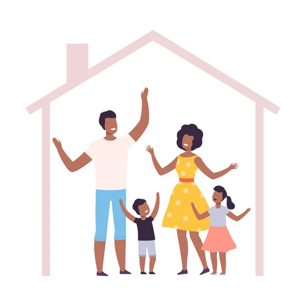 Mutter, Vater und ihre Kinder zu Hause, Hausrahmen mit glücklicher afroamerikanischer Familie Inside Vector Illustration — Stockvektor