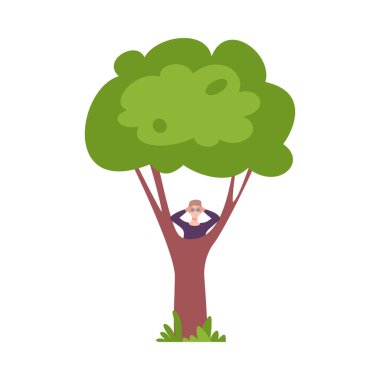 Genç Adam Yeşil Ağacın Arkasına Saklanıyor ve Dürbün Vektör Resimlerine Bakıyor