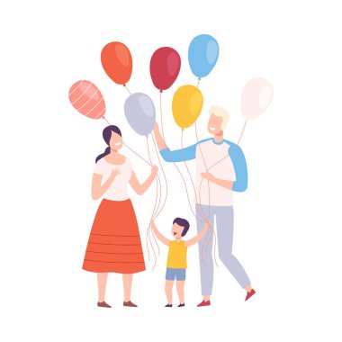 Renkli Balonlu Mutlu Aile, Anne, Baba ve Oğulları Birlikte Yürüyorlar ya da Tatil Vektörü İllüstrasyonunu Kutluyorlar