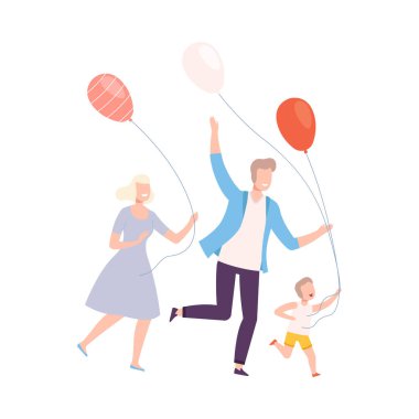 Aile Renkli Balonlarla Koşuyor, Mutlu Anne, Baba ve Oğulları Birlikte Yürüyor ya da Tatil Vektörü Resmini Kutluyor