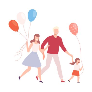 Balonlarla Mutlu Aile Yürüyüşleri, Anne, Baba ve Kızları Tatil Vektörü İllüzyonunu Kutluyor