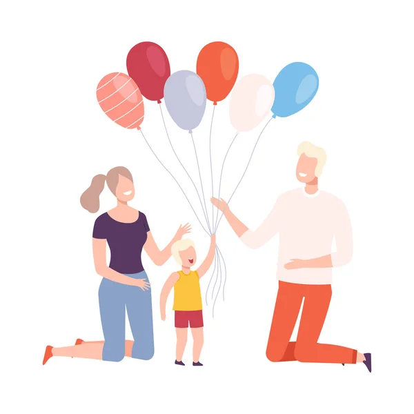 Gelukkig gezin met kleurrijke ballonnen, moeder, vader en hun kleine zoon vieren vakantie Vector Illustratie — Stockvector