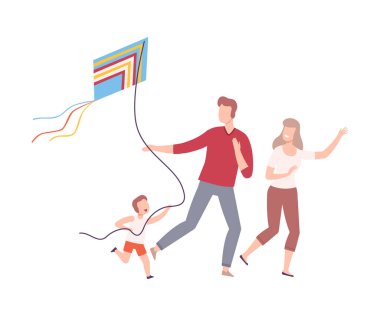Mutlu Aile Uçurtmayla Koşuyor, Anne, Baba ve Oğul Uçurtma Fırlatması, Açık Hava Eğlence Etkinlikleri Vektörü Resimleri