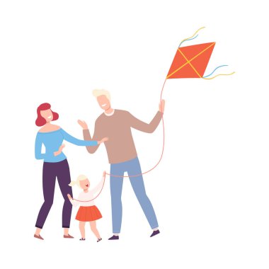 Uçurtmalı Mutlu Aile, Gülümseyen Anne, Baba ve Küçük Kızları Festival Vector Illustration 'da Uçurtma Fırlatıyor