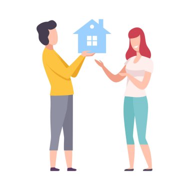 Genç Adam ve Kadın Satın Almak ve Kiralamak İçin Gayrimenkul Seçiyor, Küçük Ev Vektör İllüzyonu Sahibi Çiftler