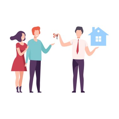 Komisyoncu ya da Emlakçı Yeni Ev 'den Aile Çifti' ne Anahtarları Veriyor, Ev Vektörü Resimleri Alınıyor ya da Kiralanıyor