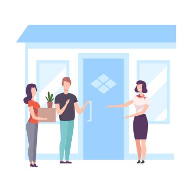 Yeni Evi Çifte Gösteren Emlakçı, Ev Vektörü İllüstrasyonunu Satın Alan veya Kiralayan İnsanlar