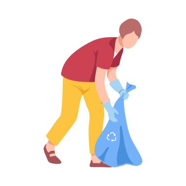 Çöp Toplayan Genç Adam Plastik Torba Erkek Gönüllü Çöp Toplayan Adam Kirlilik Vektörü İllüstrasyonundan Sahili Temizleyen Adam