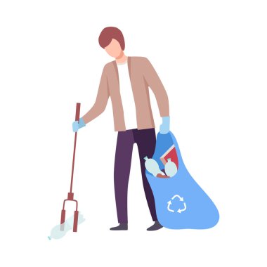 Genç Adam Eko Arkadaş Canlısı Aletle Plastik Torbaya Çöp Topluyor, Erkek Gönüllü Açık Hava Vektör Resimlerini Topluyor